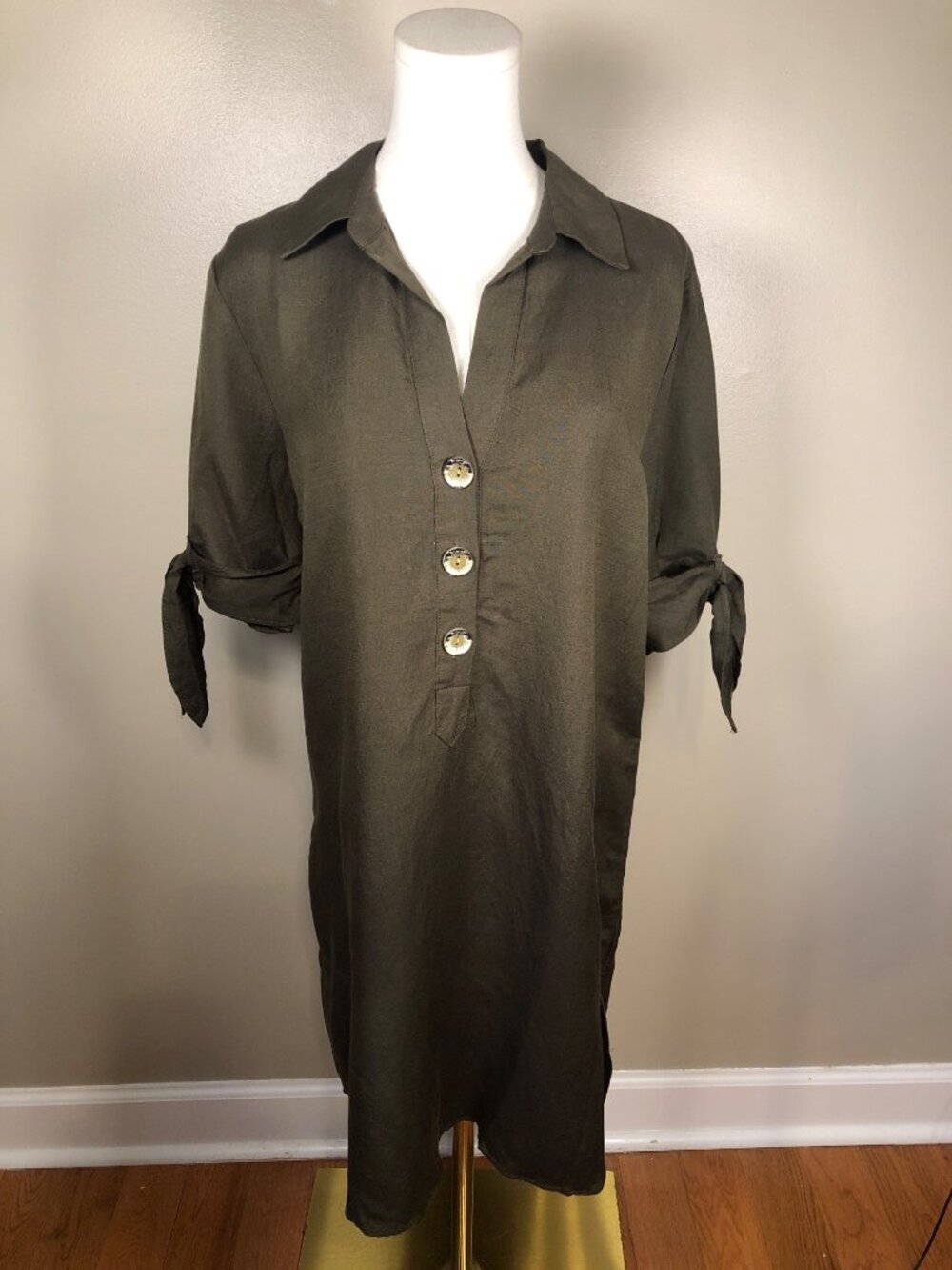 NWT Premise Linen Blend Short Tie Sleeve Deep Olive Shift Dress Size M